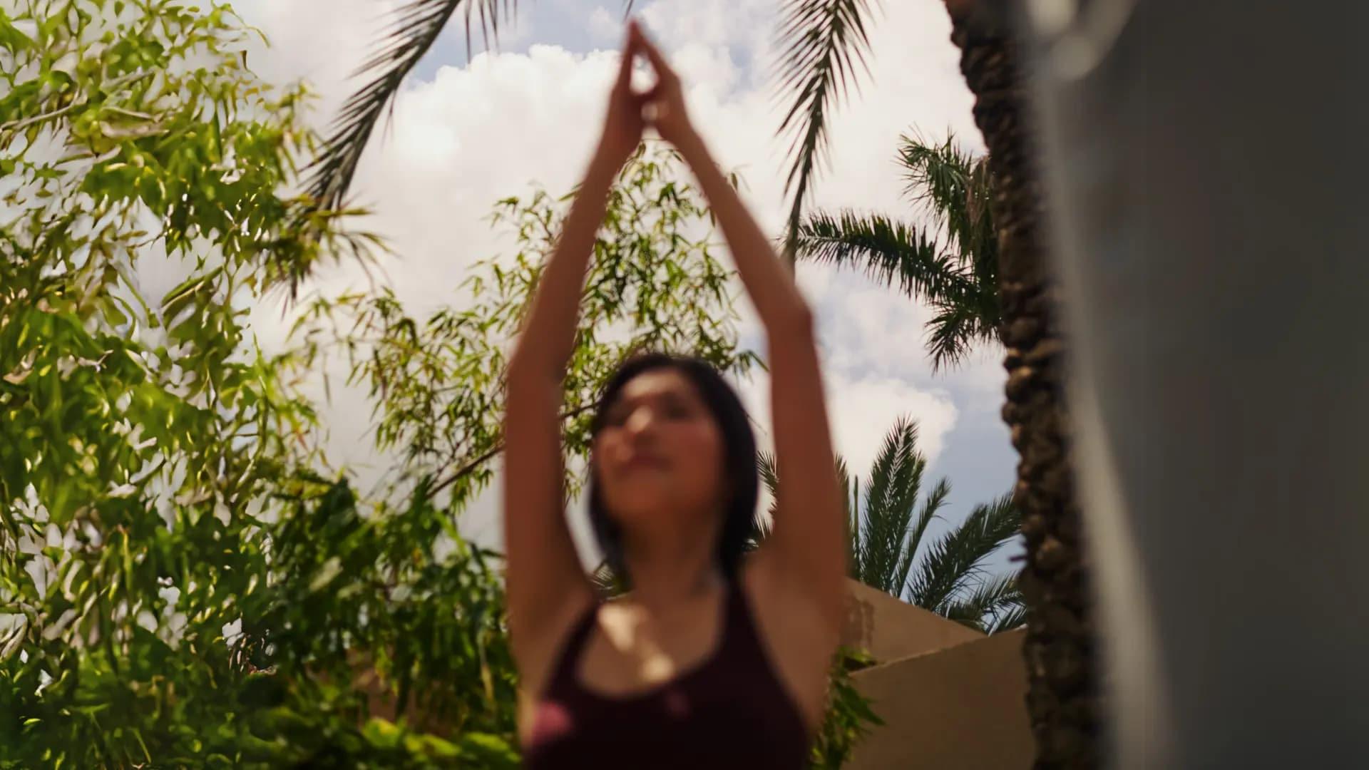 Mindful movement surrounded by tropical palms